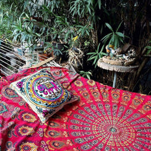 Load image into Gallery viewer, Golden Red Bohemian Psychedelic Peacock Mandala Wall Hanging Bedding Tapestry: Embrace Vibrant Beauty and Artistic Serenity