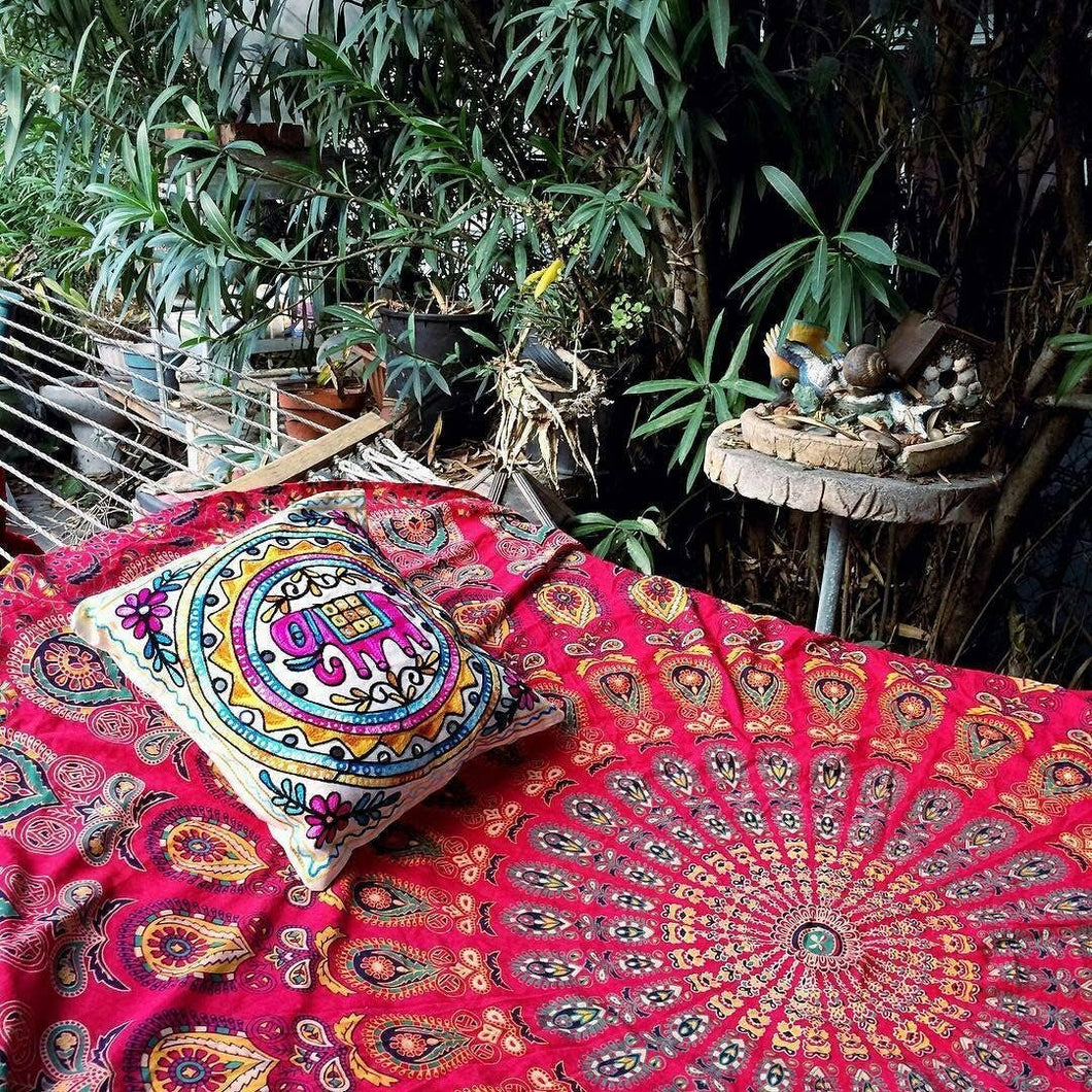 Golden Red Bohemian Psychedelic Peacock Mandala Wall Hanging Bedding Tapestry: Embrace Vibrant Beauty and Artistic Serenity