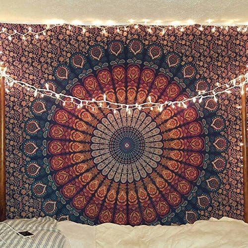 Enchanting Handcrafted Bohemian Psychedelic Peacock Mandala Tapestry: Elevate Your Space with Artisanal Beauty