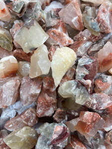 Unleash the Power of Tri-Colored Calcite: Enhance Prosperity & Intuition with the synergistic blend of Black, Green, Orange, Red, and White Calcite. Available in sizes 1.75"-3".